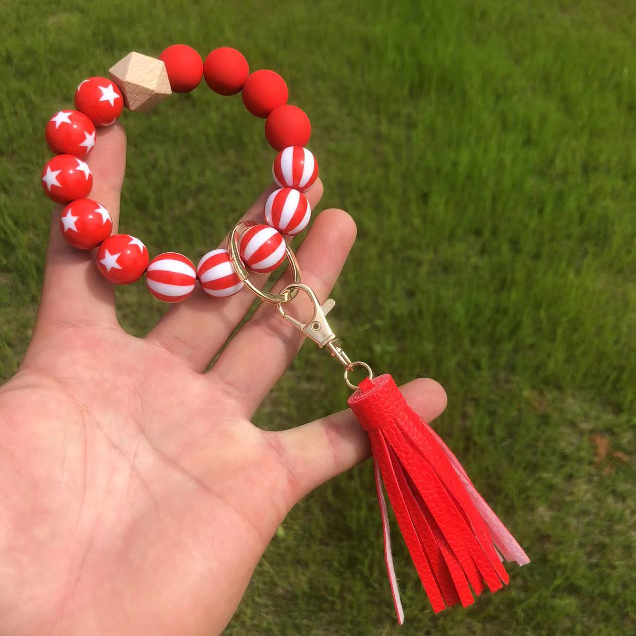 Wholesale Independence Day Wooden Beads Beaded Wrist Keychain